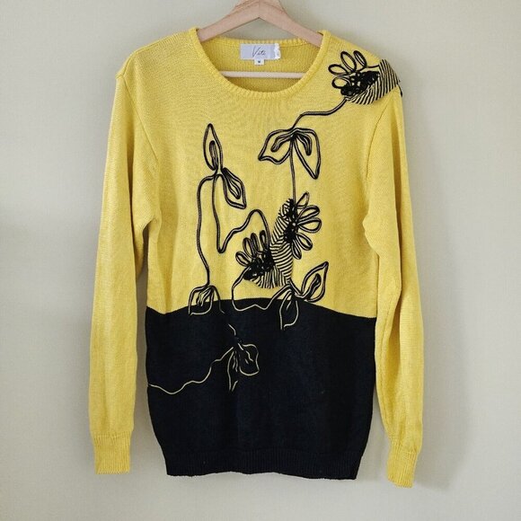 Viti Sweater Women M Black Yellow LS Crewneck Floral Y2K VTG Vintage Whimsical - Picture 13 of 14